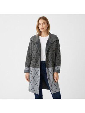 Women Open Front Longline Cardigan Jacket Gray Argyle Size L Long Sleeve Preppy